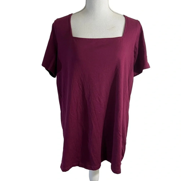 Roamans Dark Purple Top Size 12 Square Neckline Short Sleeves Stretch Blouse - Picture 1 of 4